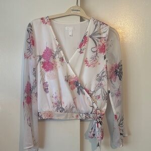 Leith Pink and White Floral Wrap Blouse